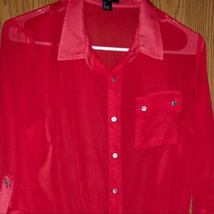 FOREVER 21 Sheer Red Shirt W/Sleeve Details & Tie